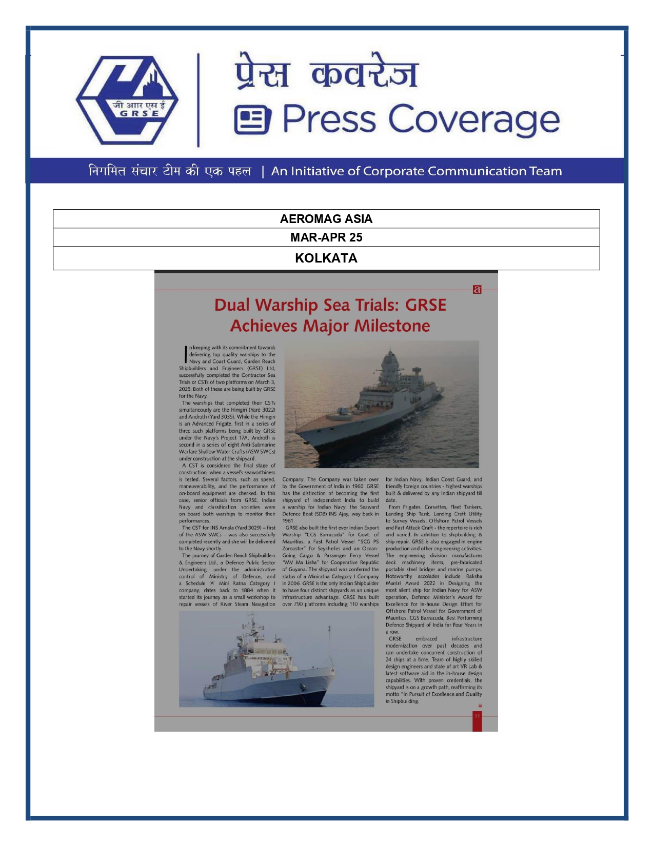 Press Coverage :Indian Navy will soon get two new warships